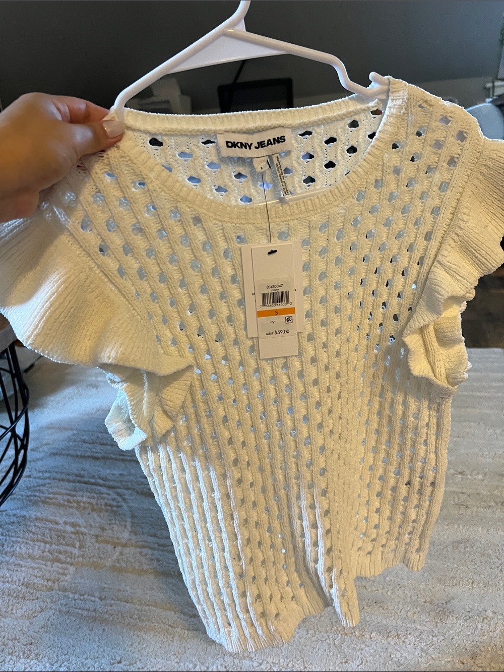 DKNY Jeans Cream Open Knit Ruffle Sleeve Blouse